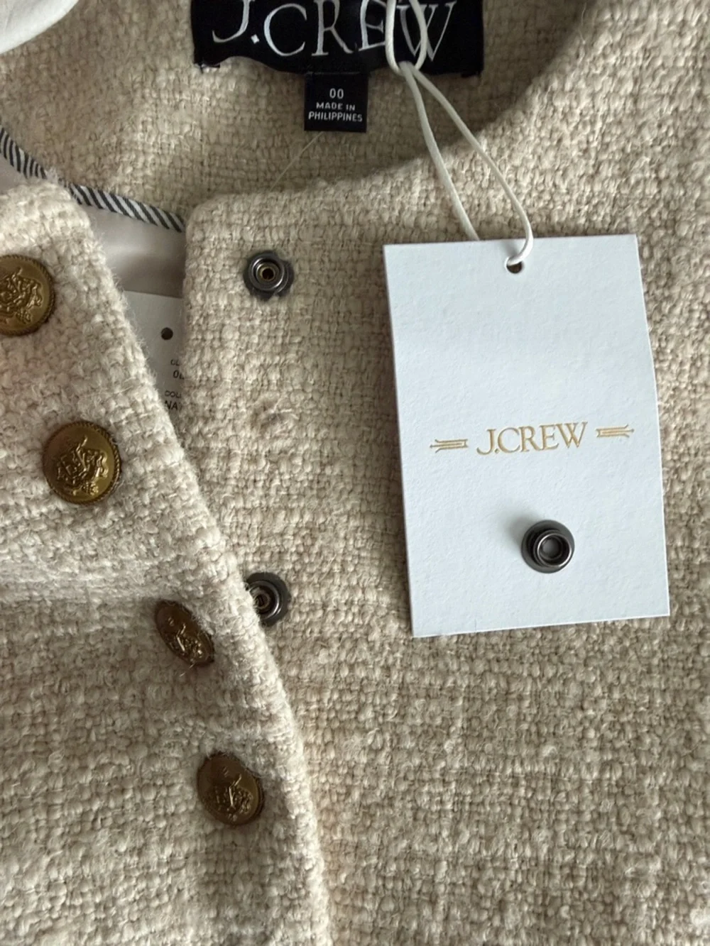 J Crew Bridgette lady jacket in Natural Tweed size 00 missing snap